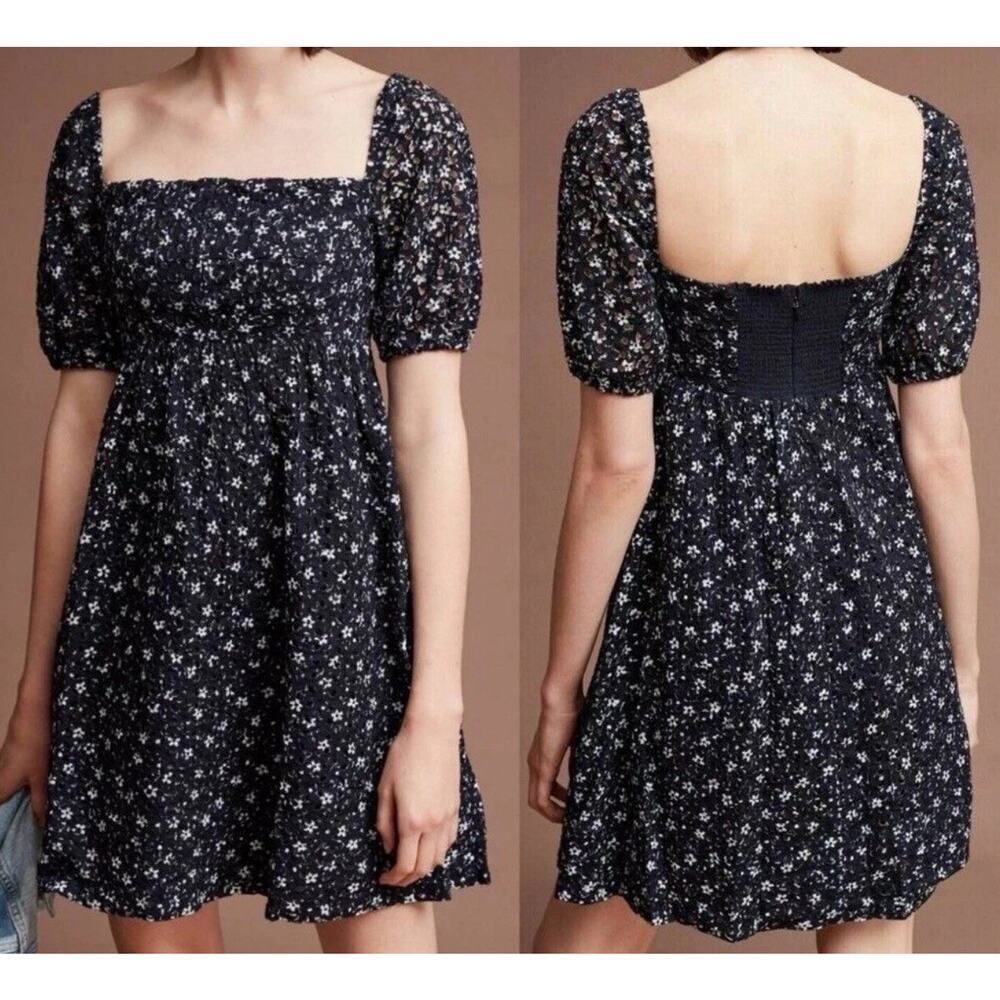 Anthropologie Maeve Lillianne Dress 8 On/Off Shoulder Floral Navy‎ Blue Eyelet - Picture 3 of 12